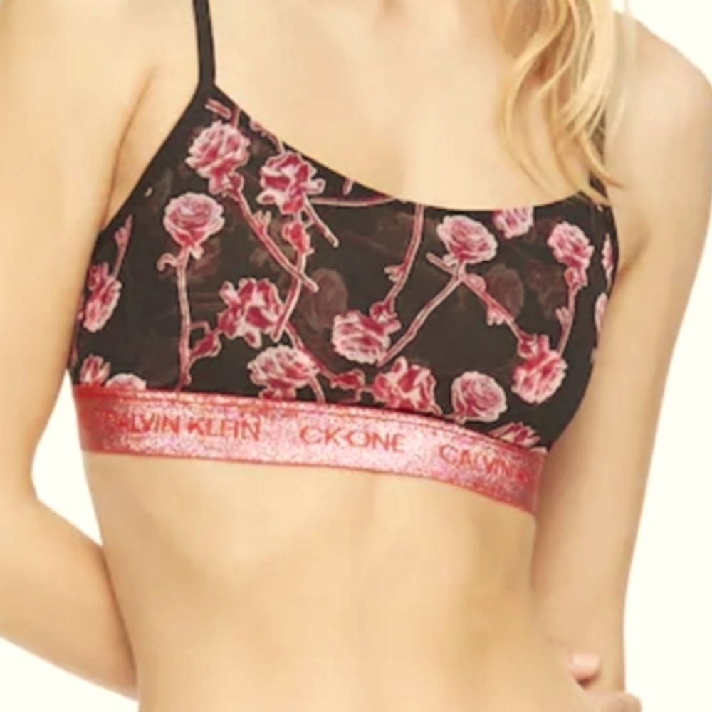 NWT CALVIN KLEIN CK one MESH GLITTER UNLINED BRALETTE   BLACK FLORAL PATTERN